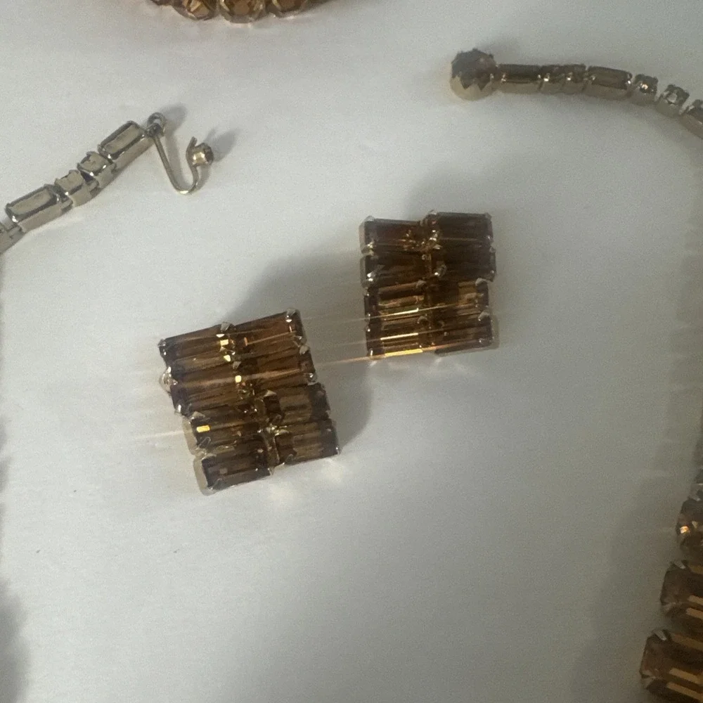 A Vintage Weiss Set in‎ Amber Rhinestones and Goldtone Necklace Bracelet Earring